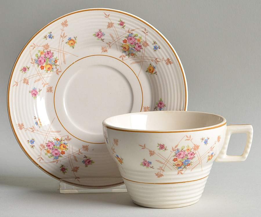 New Princess (Smooth, Ridges, Yellow Trim) Flat Cup & Saucer Set by Limoges-American-1