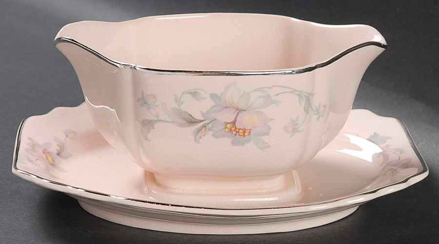 Silver Moon Pink Background Gravy Boat with Attached Underplate by Limoges-American-1