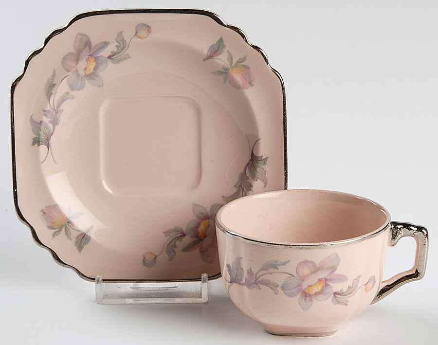 Silver Moon Pink Background Flat Demitasse Cup & Saucer Set by Limoges-American-1