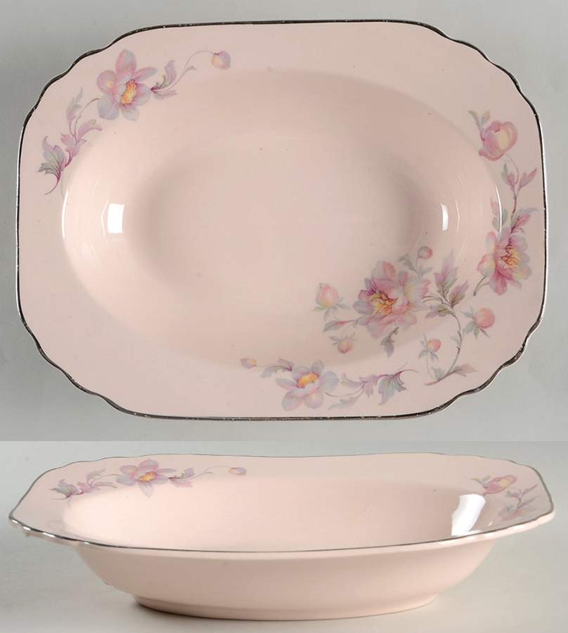 Silver Moon Pink Background 9" Oval Vegetable Bowl by Limoges-American-1