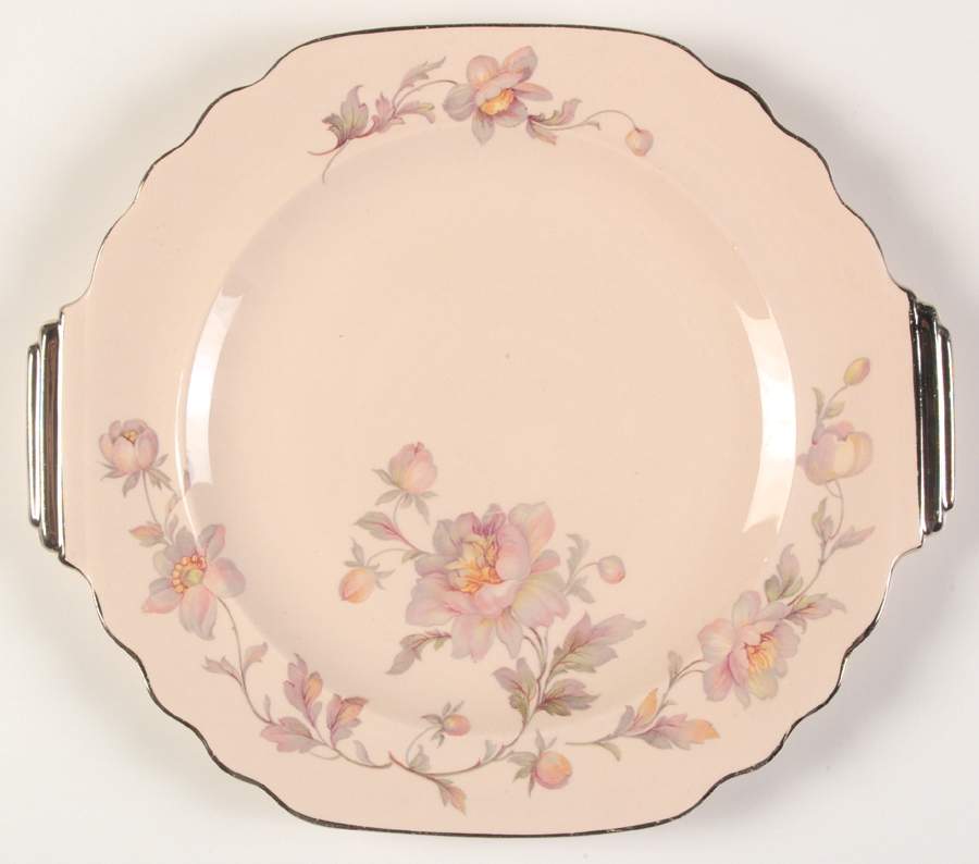 Silver Moon Pink Background Handled Cake Plate by Limoges-American-1