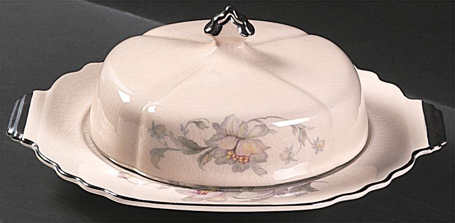 Silver Moon Pink Background Round Covered Butter by Limoges-American-1