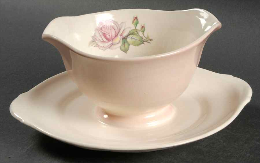 Tea Rose Cotillion Pink (No Trim) Round Gravy Boat/Attached Underplate by Limoges-American-1