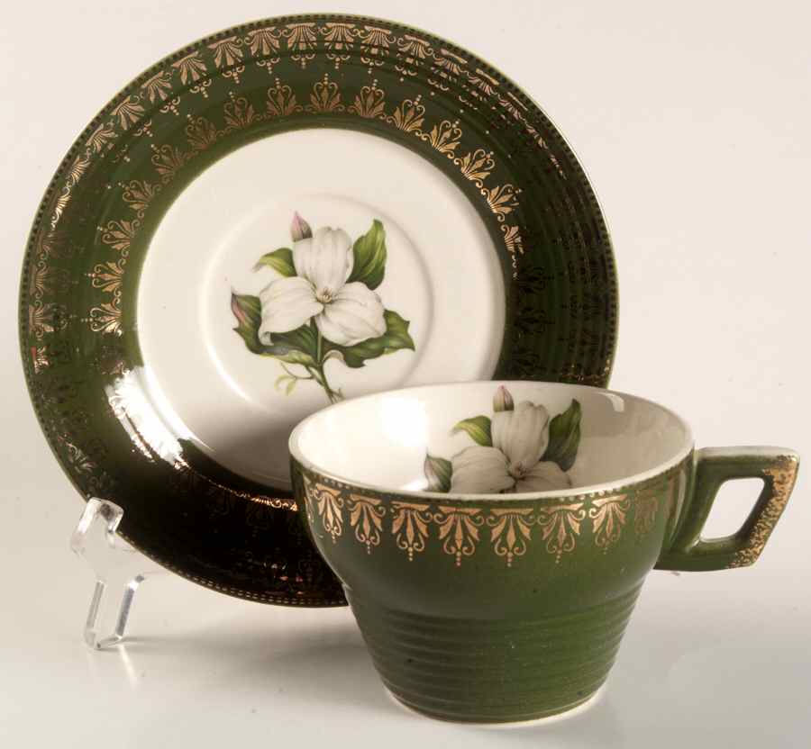 Trillium (Forest Green Filigree) Flat Cup & Saucer Set by Limoges-American-1