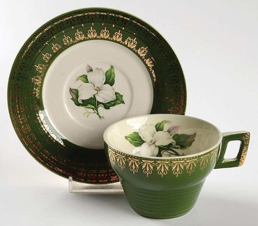 Trillium (Forest Green Filigree) Flat Cup & Saucer Set by Limoges-American-1