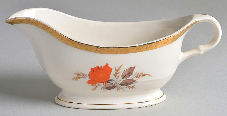 Vermillion Rose (Gold Leaf Band Edge) Gravy Boat by Limoges-American-1