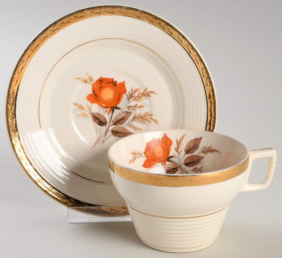 Vermillion Rose (Gold Leaf Band Edge) Flat Cup & Saucer Set by Limoges-American-1
