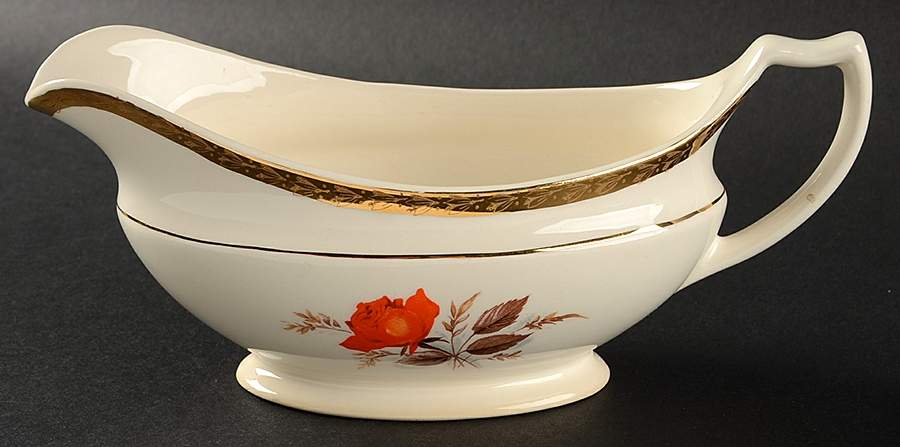Vermillion Rose (Gold Leaf Band Edge) Gravy Boat by Limoges-American-1