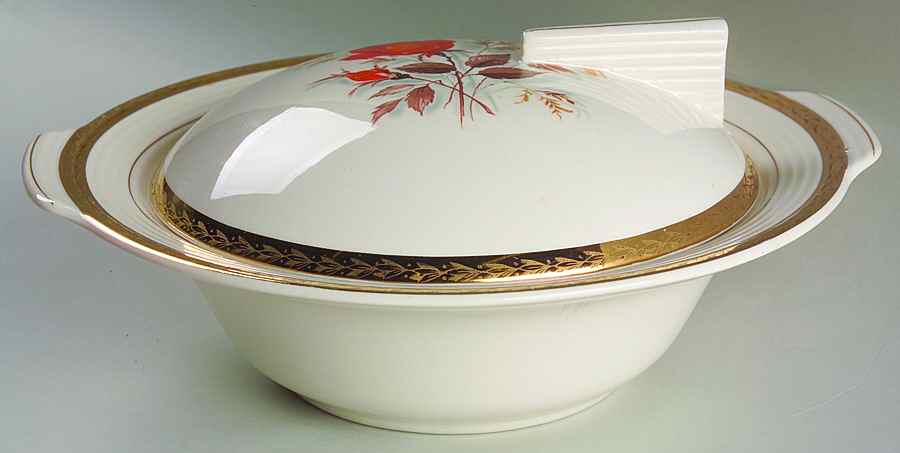 Vermillion Rose (Gold Leaf Band Edge) Round Covered Vegetable by Limoges-American-1