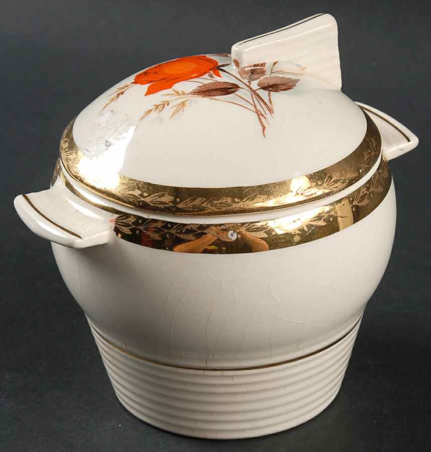 Vermillion Rose (Gold Leaf Band Edge) Sugar Bowl & Lid by Limoges-American-1
