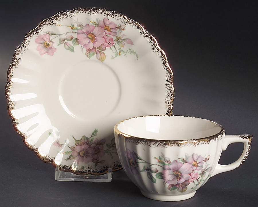Wild Rose (Gold Trim) Flat Cup & Saucer Set by Limoges-American-1