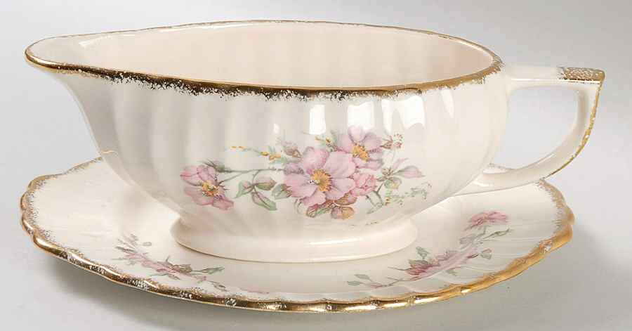 Wild Rose (Gold Trim) Gravy Boat & Underplate/Relish by Limoges-American-1