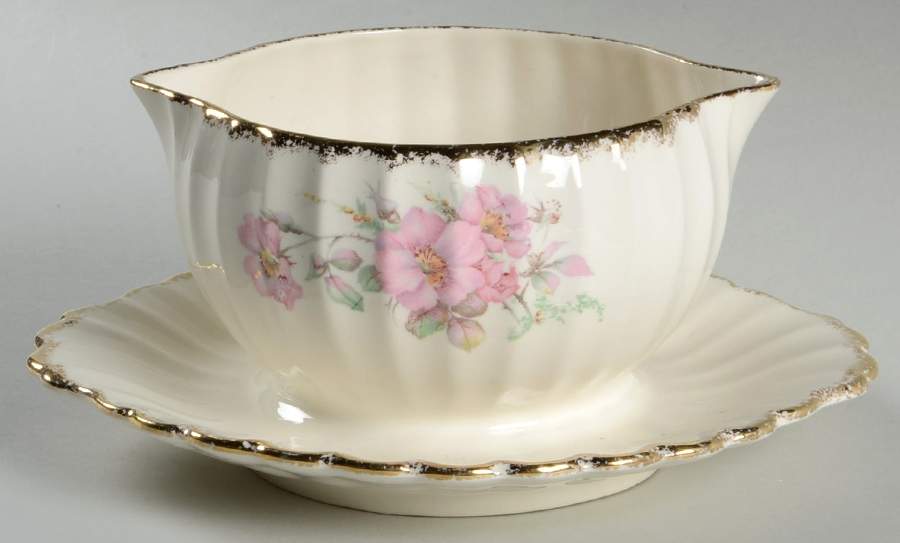 Wild Rose (Gold Trim) Gravy Boat with Attached Underplate by Limoges-American-1