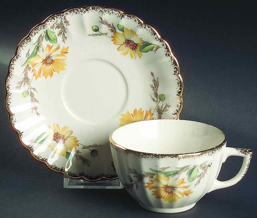 Yellow Daisy (Gold Trim) Flat Cup & Saucer Set by Limoges-American-1