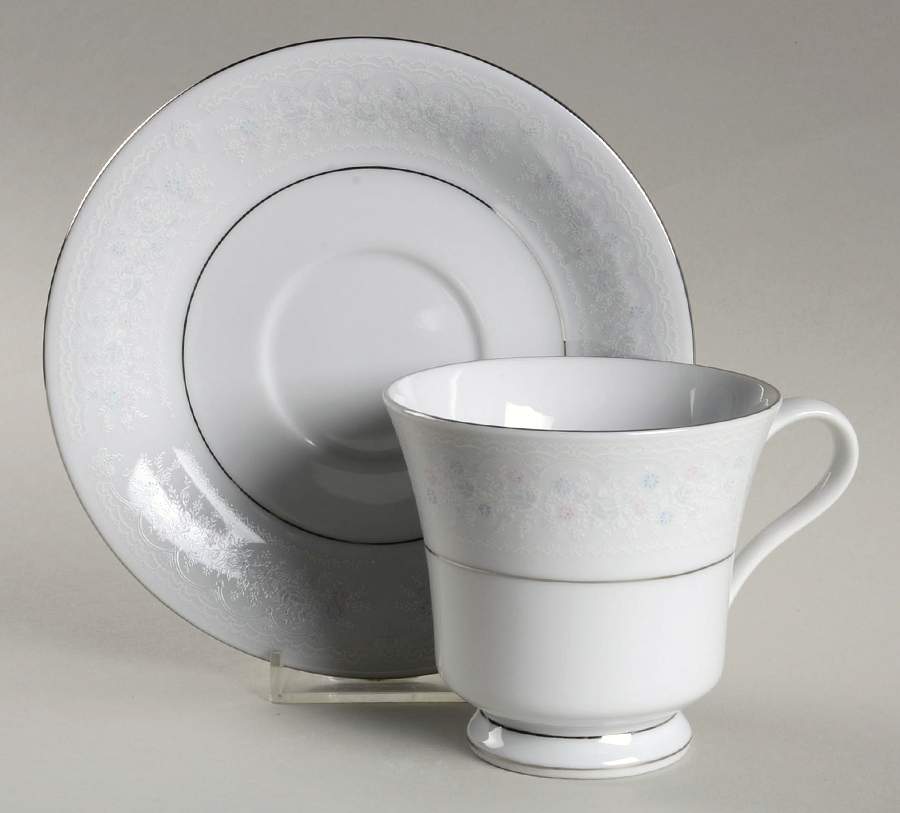 Brocade Blue and Pink Footed Cup & Saucer Set by Liling-1
