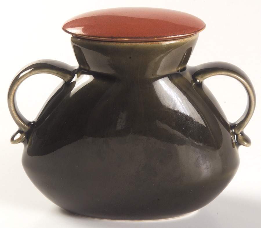 Yo Han Rust Olive Green Oval Sugar Bowl & Lid by Lindt-Stymeist-1
