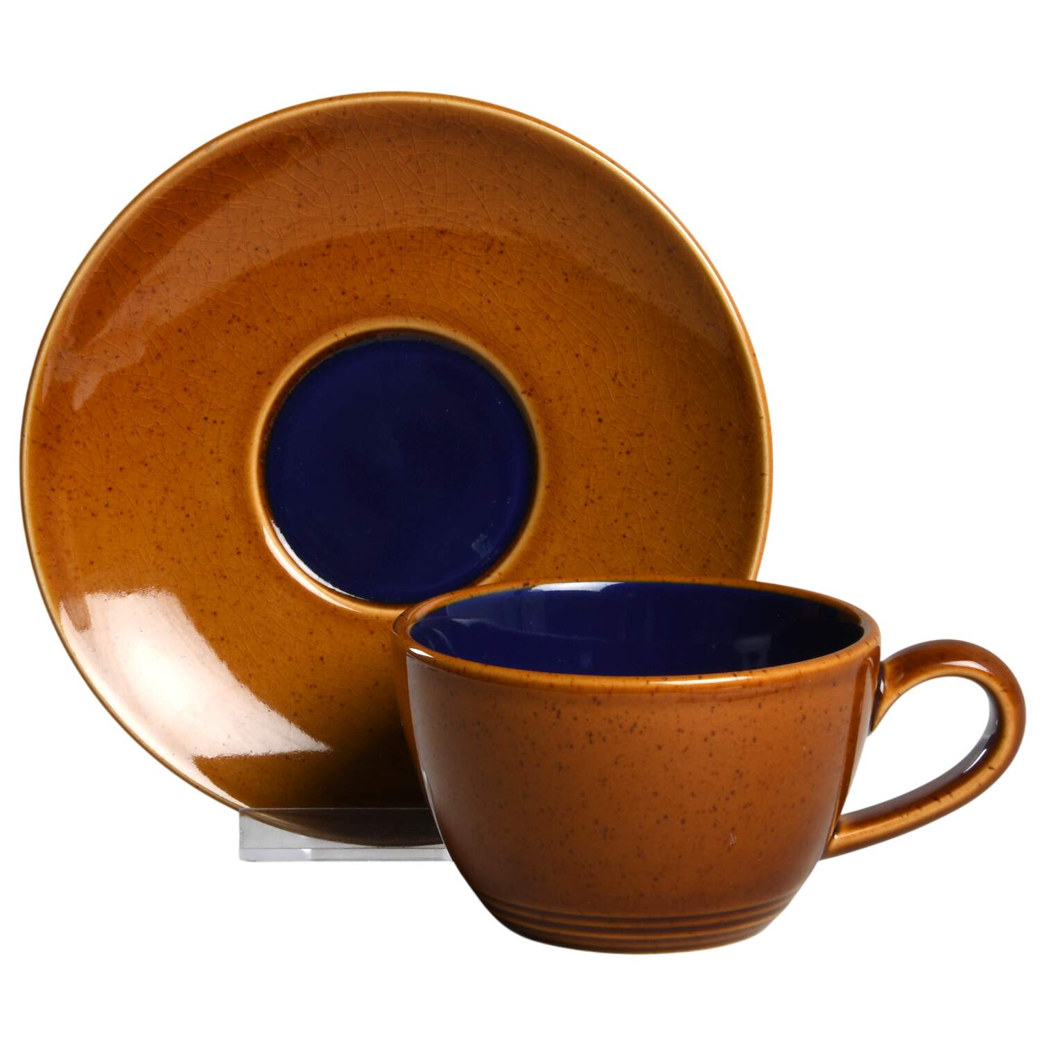 Yo Han Wheat Brown Cobalt Blue Flat Cup & Saucer Set by Lindt-Stymeist-1