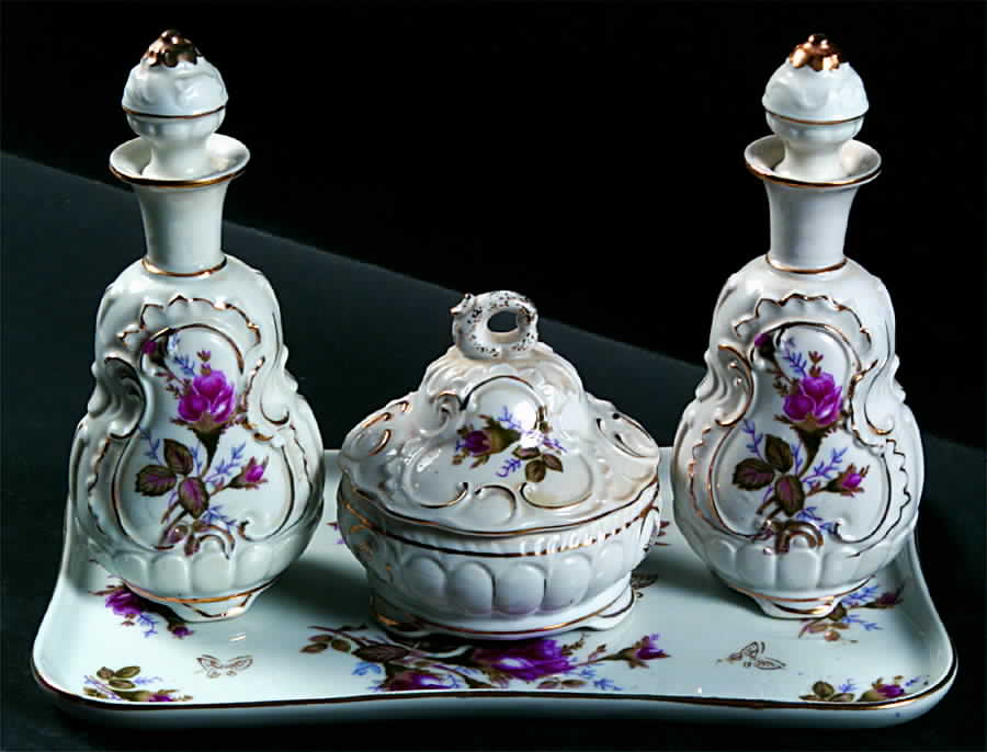 Pompadour Rose (Gold Trim) (4 Piece) Dresser Set by Lipper & Mann (L & M)-1