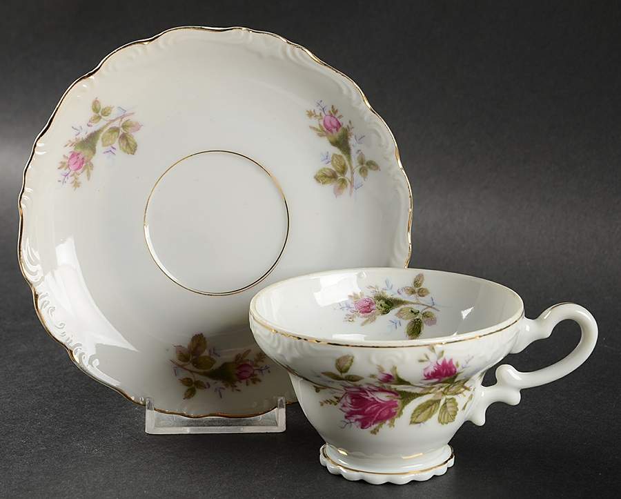 Pompadour Rose (Gold Trim) Footed Cup & Saucer Set by Lipper & Mann (L & M)-1