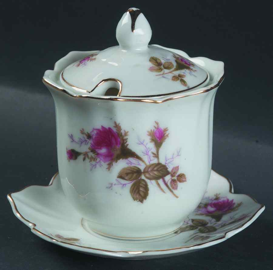 Pompadour Rose (Gold Trim) Jam/Jelly & Lid W/Underplate by Lipper & Mann (L & M)-1