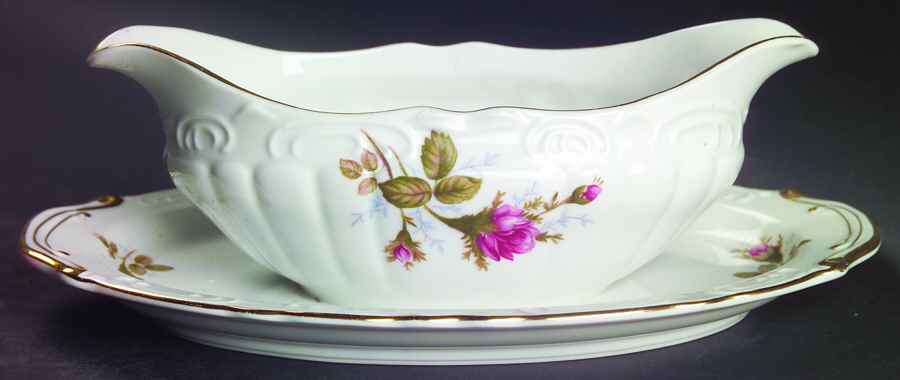 Pompadour Rose (Gold Trim) Gravy Boat with Attached Underplate by Lipper & Mann (L & M)-1