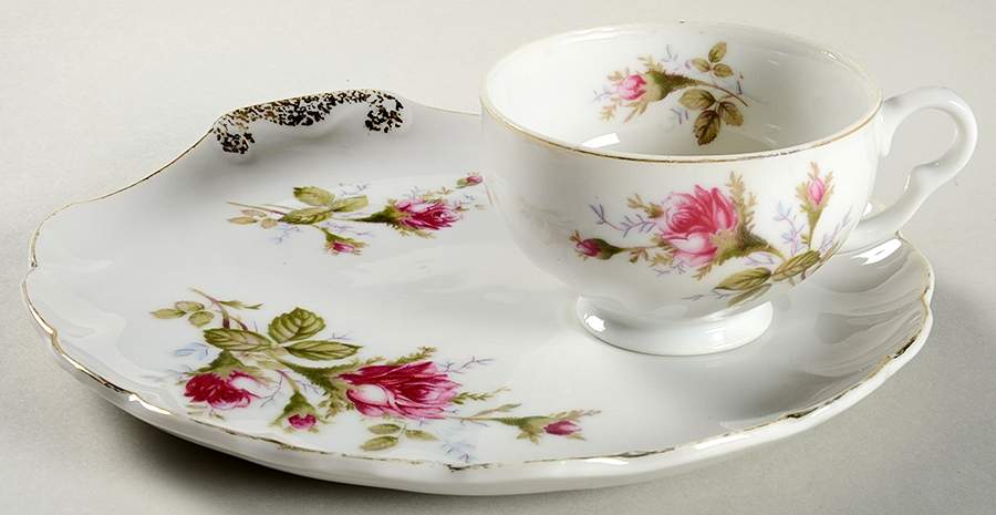 Pompadour Rose (Gold Trim) Snack Plate & Cup Set by Lipper & Mann (L & M)-1