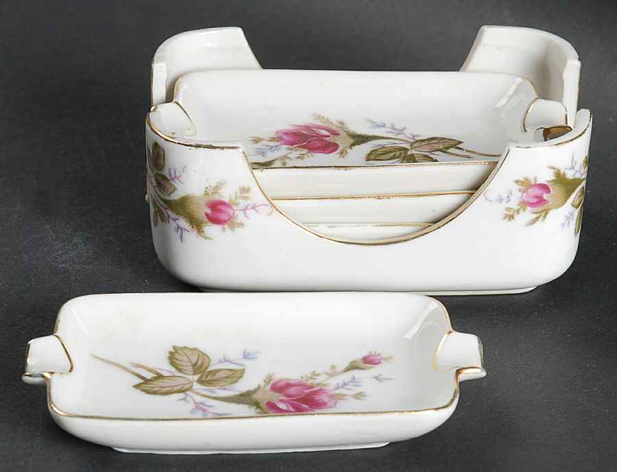 Pompadour Rose (Gold Trim) Ashtray Set with Holder (4 Ashtrays & Holder) by Lipper & Mann (L & M)-1