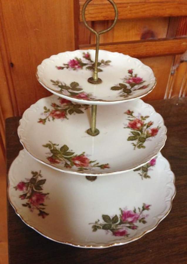 Pompadour Rose (Gold Trim) 3-Tiered Serving Tray (DP, SP, BB) by Lipper & Mann (L & M)-1