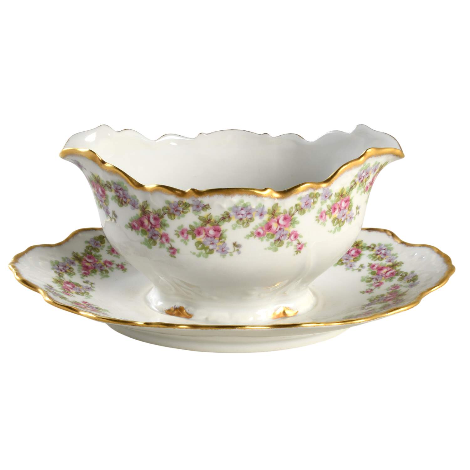 Bridal Wreath Gravy Boat with Attached Underplate by Lanternier-1