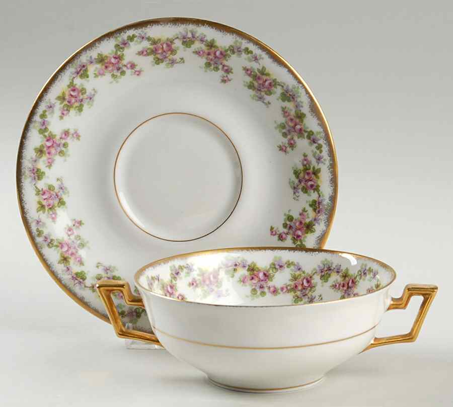 Bridal Wreath Flat Cream Soup Bowl & Saucer Set by Lanternier-1