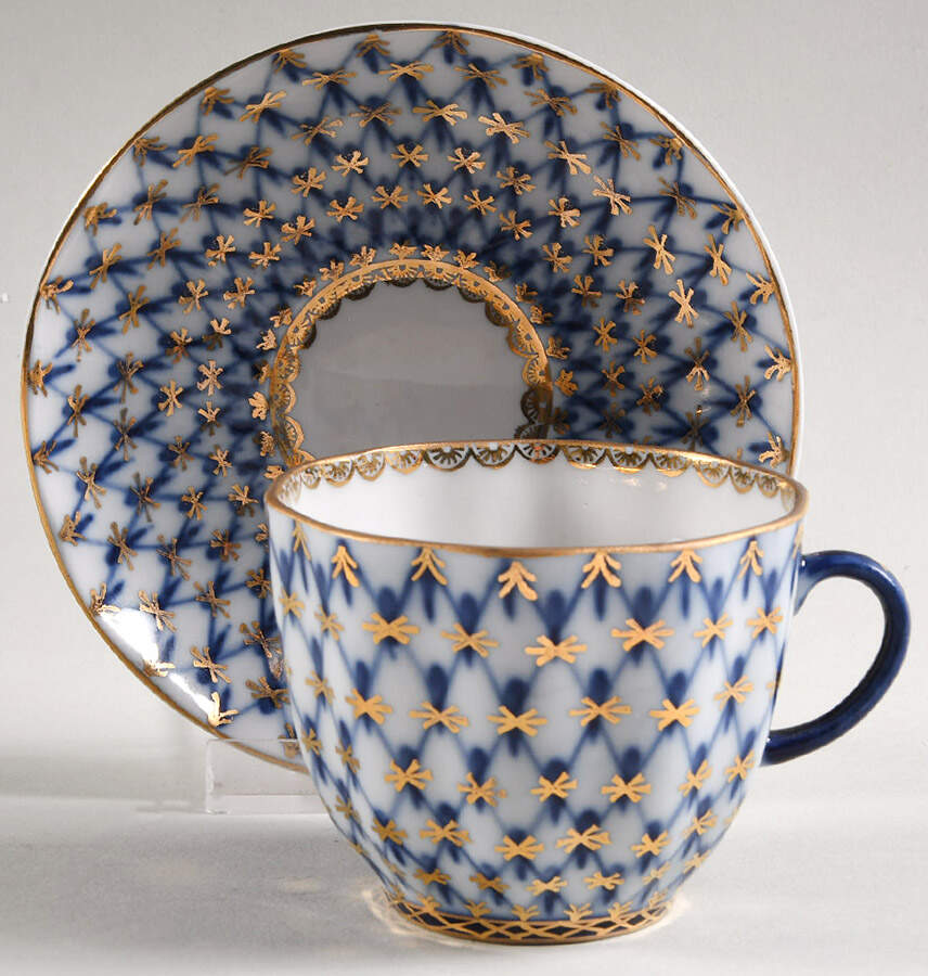 Cobalt Net Footed Cup & Saucer Set by Lomonosov-1