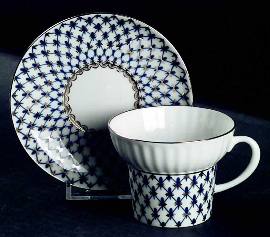 Cobalt Net Wave Flat Cup & Saucer Set by Lomonosov-1