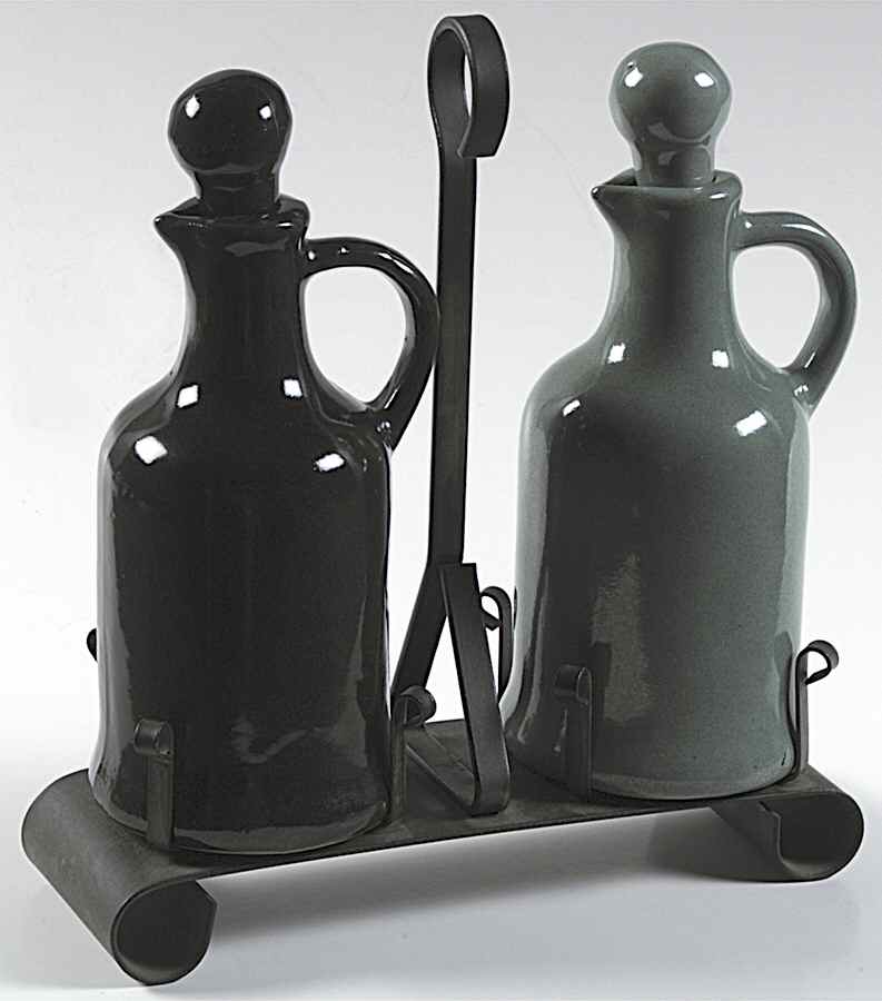 Country Fare (Unglazed Bottom) Cruet & Stoppers - Set of 2 Motifs and Metal Holder by Louisville-1