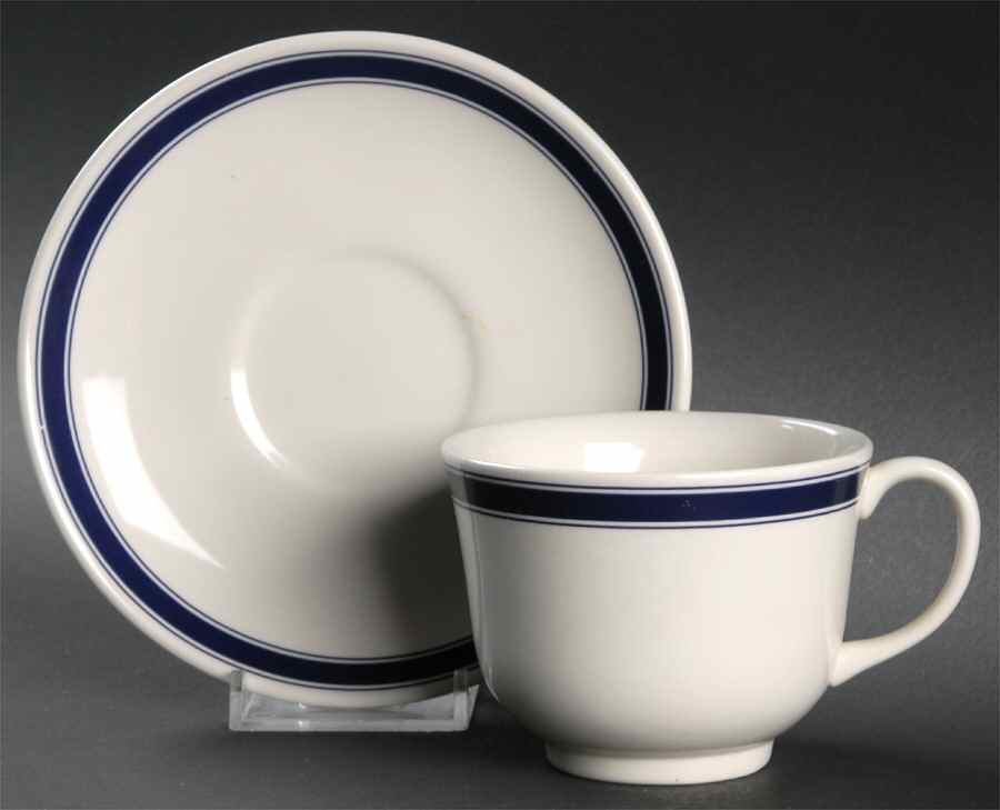 Cafe Stripe  Blue (Wedgwood) Flat Cup & Saucer Set by Ralph Lauren China-1