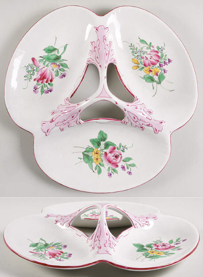 Old Strasbourg (Off White Background) 3-Part Relish with Center Ceramic Handle by Luneville-1