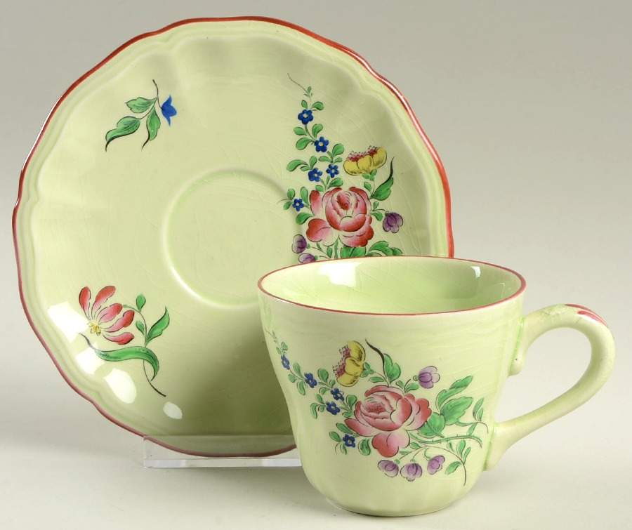 Old Strasbourg (Green Background) Flat Cup & Saucer Set by Luneville-1