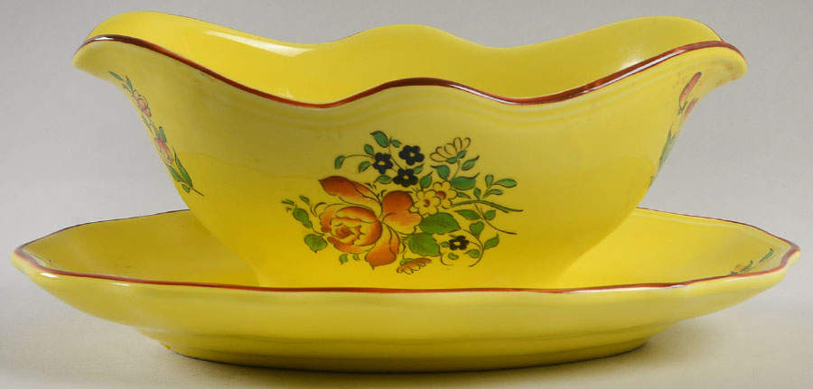 Old Strasbourg (Yellow Background, Roses) Gravy Boat with Attached Underplate by Luneville-1