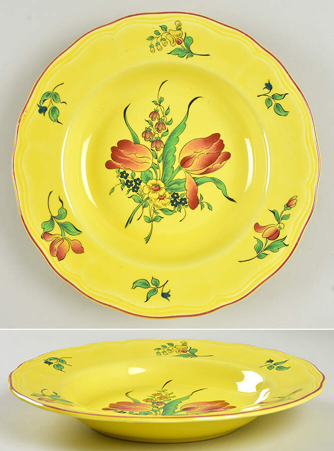 Old Strasbourg (Yellow Background, Roses) Large Rim Soup Bowl by Luneville-1