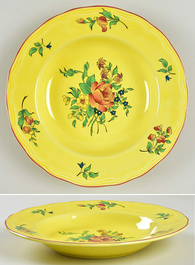 Old Strasbourg (Yellow Background, Roses) Large Rim Soup Bowl by Luneville-1