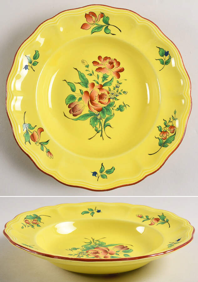 Old Strasbourg (Yellow Background, Roses) Large Rim Soup Bowl by Luneville-1