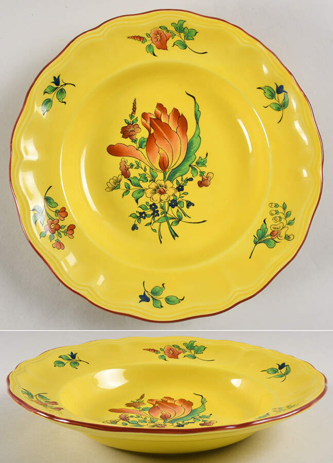 Old Strasbourg (Yellow Background, Roses) Large Rim Soup Bowl by Luneville-1