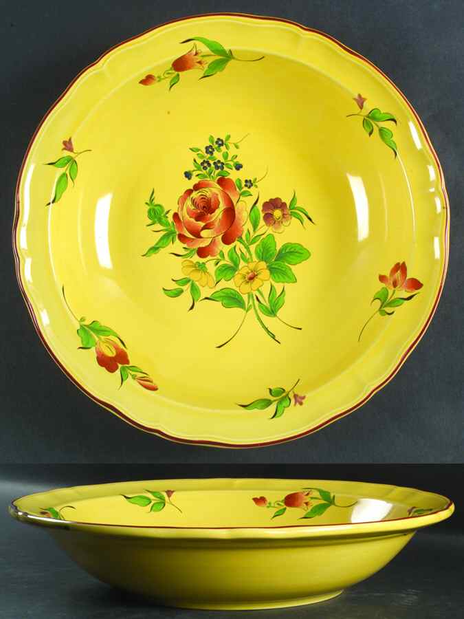 Old Strasbourg (Yellow Background, Roses) 11" Round Vegetable Bowl by Luneville-1