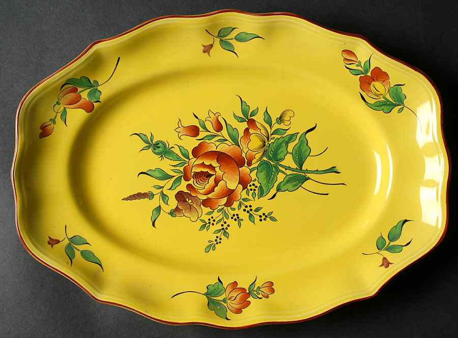 Old Strasbourg (Yellow Background, Roses) 14" Oval Serving Platter by Luneville-1