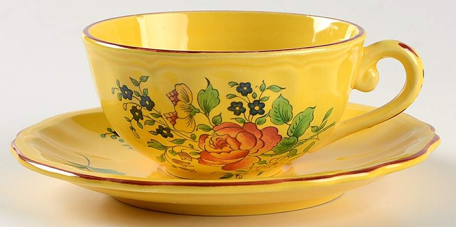 Old Strasbourg (Yellow Background, Roses) Flat Cup & Saucer Set by Luneville-1