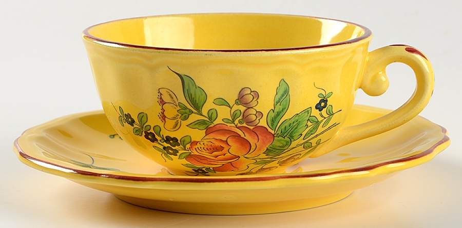 Old Strasbourg (Yellow Background, Roses) Flat Cup & Saucer Set by Luneville-1
