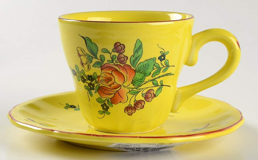 Old Strasbourg (Yellow Background, Roses) Flat Cup & Saucer Set by Luneville-1