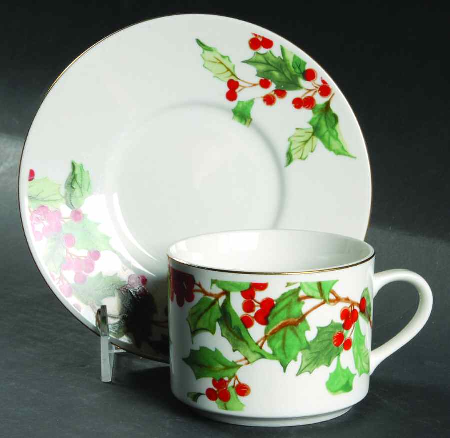 Holly Berries Flat Cup & Saucer Set by Lynn's China-1
