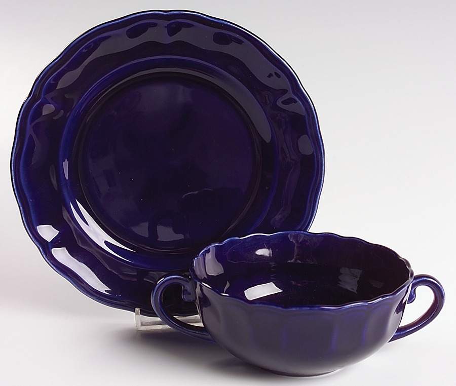 Louis XV Cobalt Flat Cream Soup Bowl & Saucer Set by Luneville-1