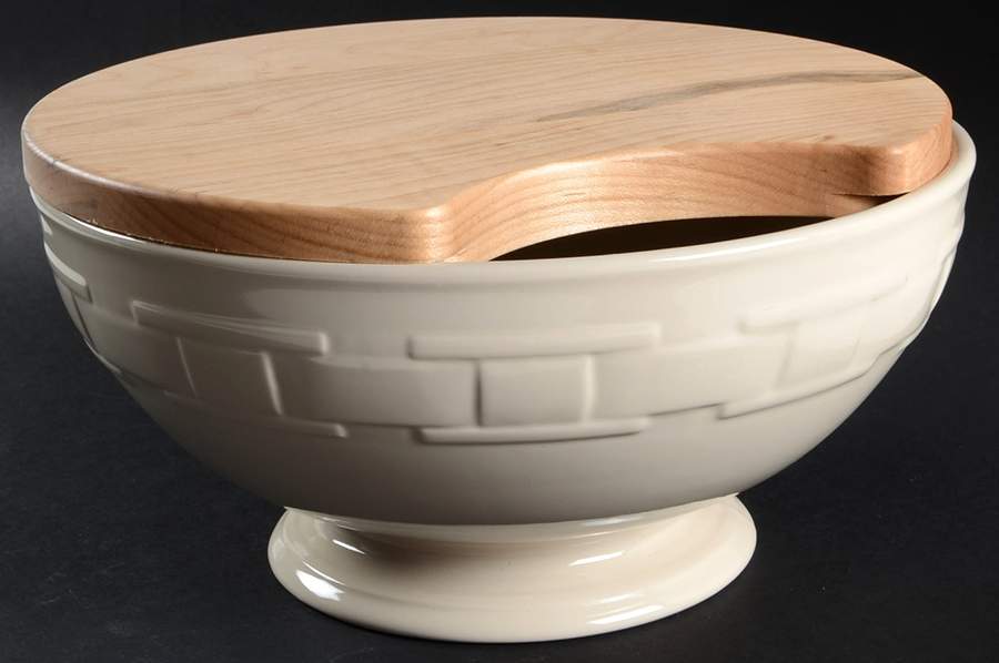 Woven Traditions Ivory 10" Footed Bowl & Wood Lid by Longaberger-1