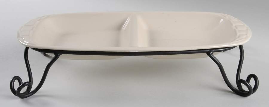 Woven Traditions Ivory 15" Oval Divided Vegetable Bowl & Metal Stand by Longaberger-1